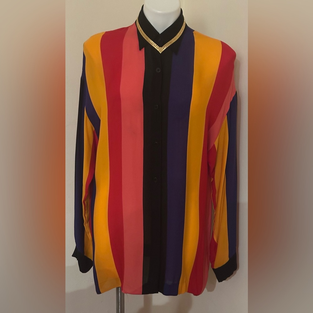 ELLEN TRACY/ LINDA  ALLARD Vintage Multicolor Striped Collard Button Down Sz 12